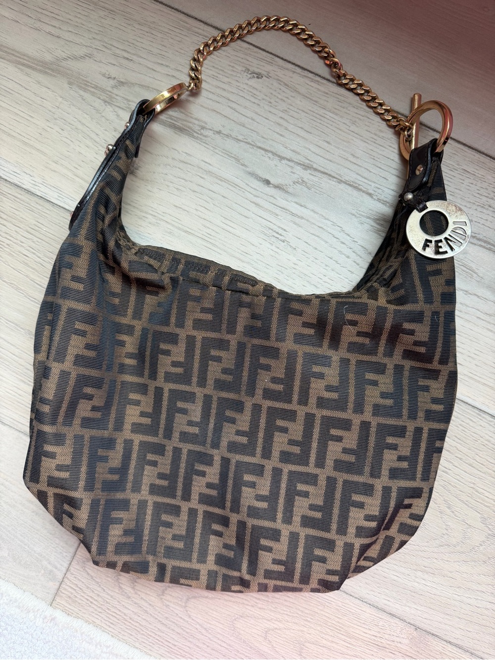 Fendi Brown FF Canvas Shoulder Bag with Gold Chain Charm